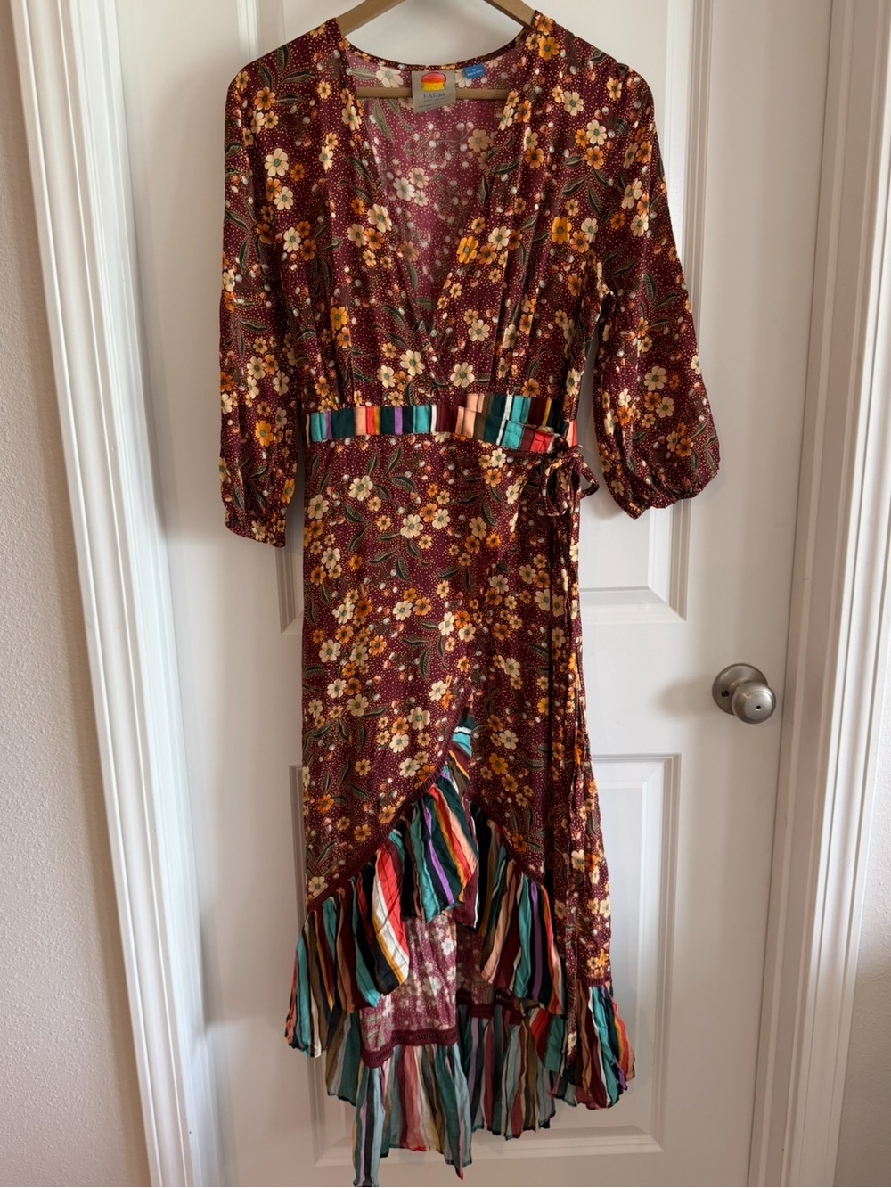 FARM Rio Burgundy Floral Maxi Wrap Dress with Multicolor Striped Trim - Picture 4 of 16